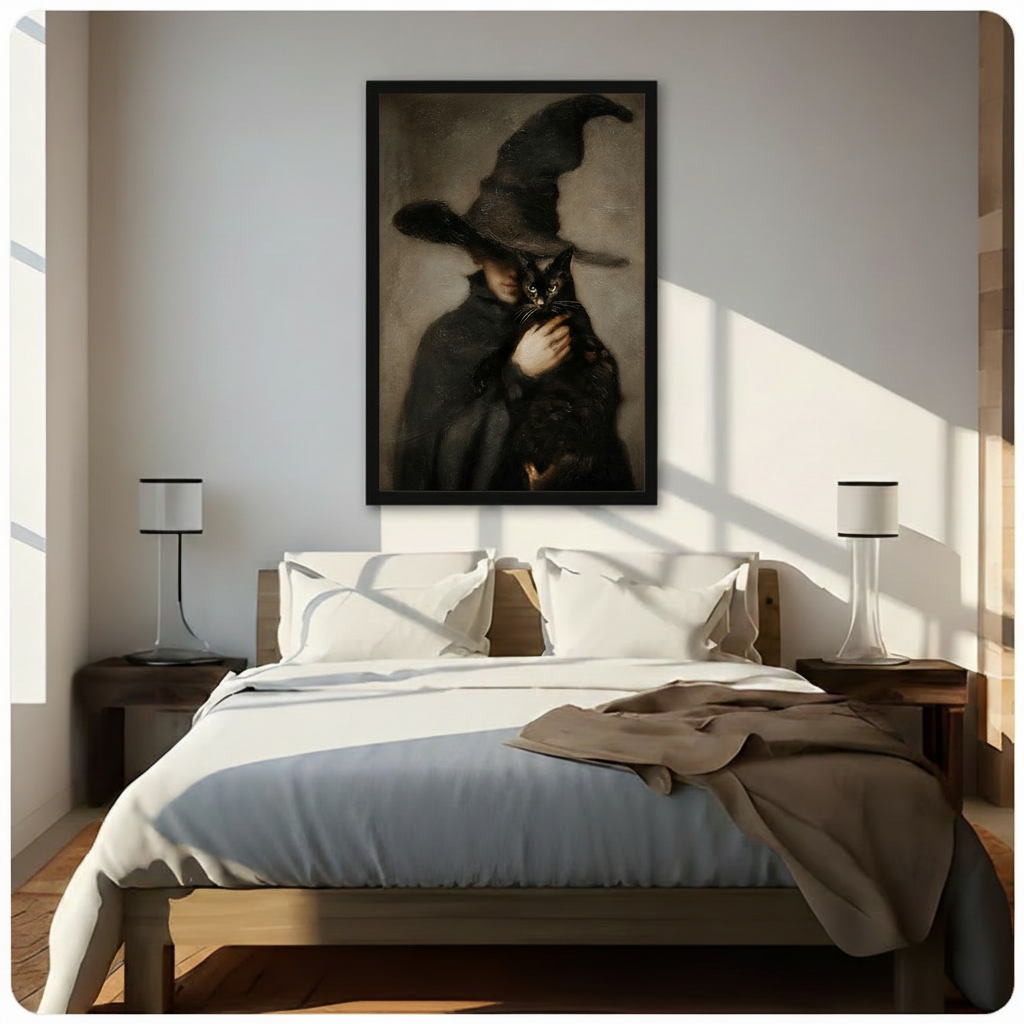 Gothic portrait of witch cradling black cat framed canvas art hung above bed in a bright modern bedroom