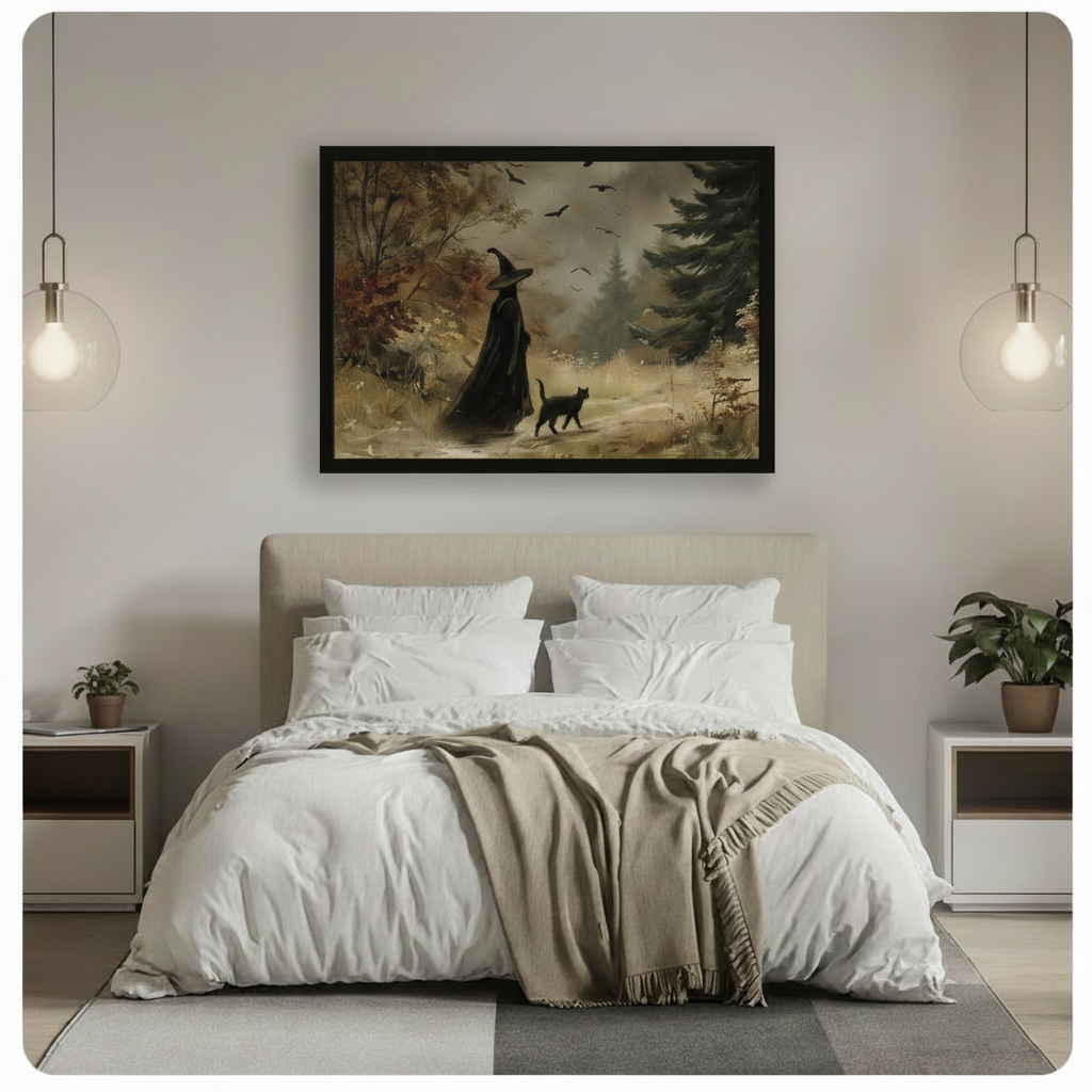 Gothic framed canvas print of a witch and her black cat familiar in a misty forest, styled above a neutral linen bed in a cozy bedroom