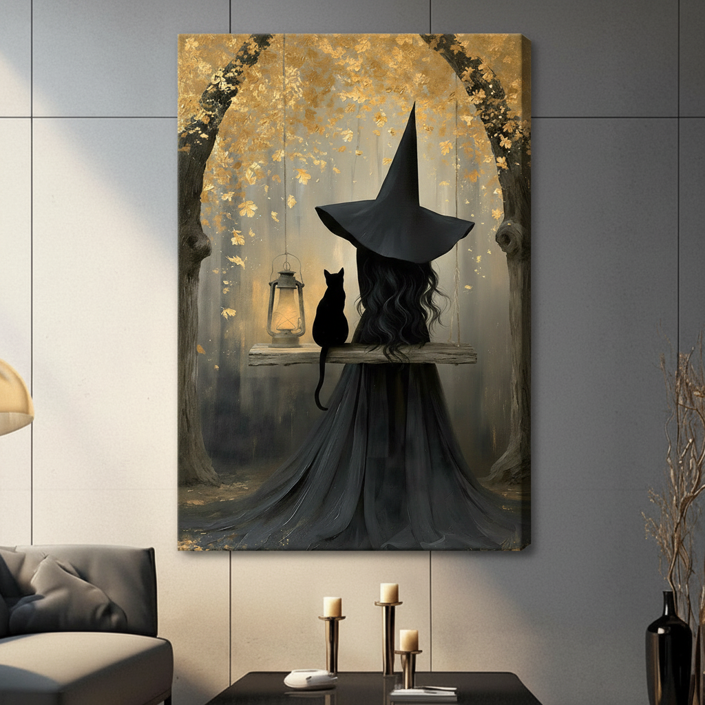 Atmospheric dark fantasy painting of a black-robed witch with long wavy hair and pointed hat seated on a rustic swing next to a small black cat beside a hanging oil lantern beneath a golden glowing autumn forest arch witch and black cat wall art stretched canvas in a living room with dark gray sofa and black decorative vase