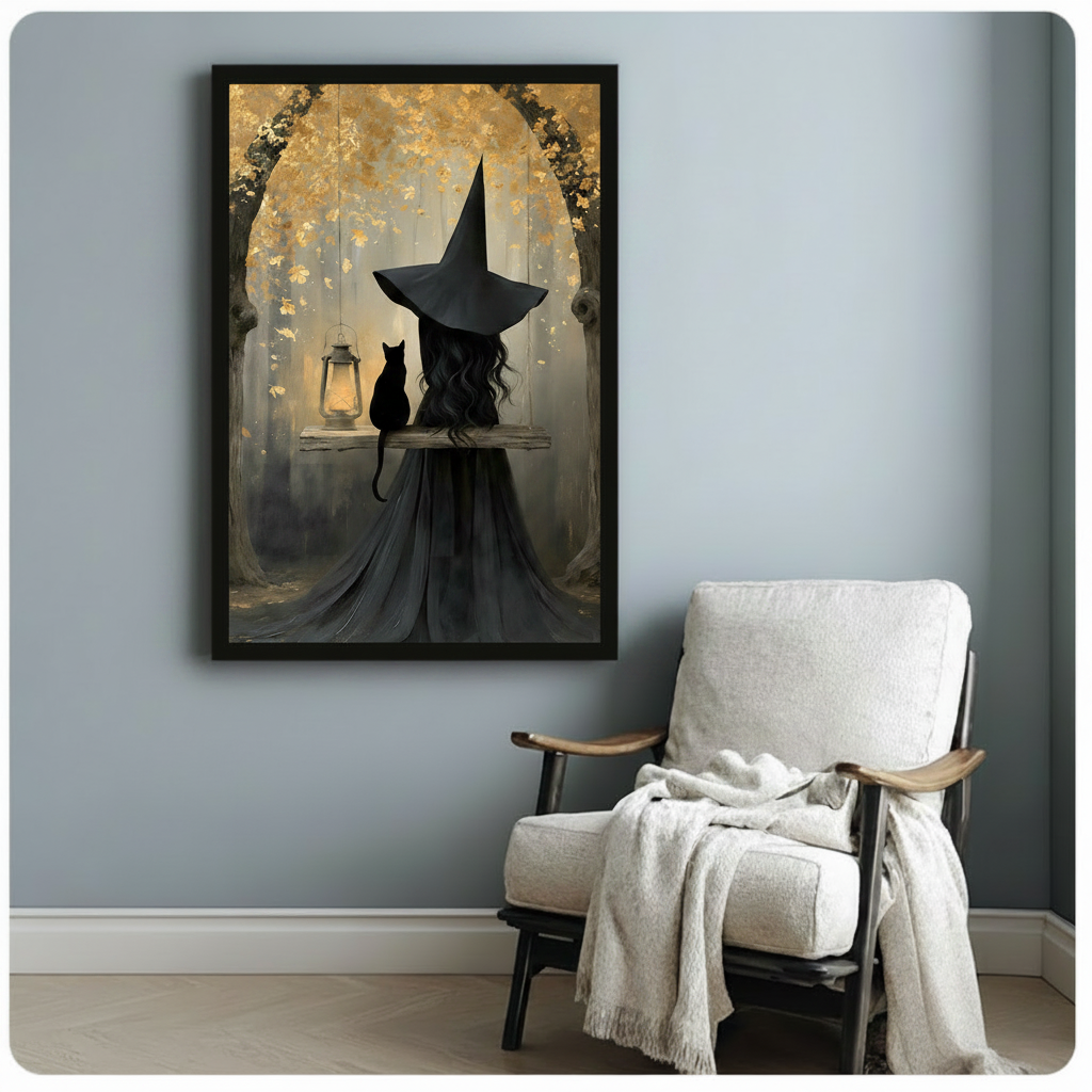 Moody gothic oil painting of a witch in a tall black pointed hat and flowing dark cloak seen from behind sitting on a wooden swing with a black cat and a glowing vintage lantern framed by golden autumn trees dark romantic witch wall art framed print beside a white lounge chair with throw blanket against a blue-gray wall