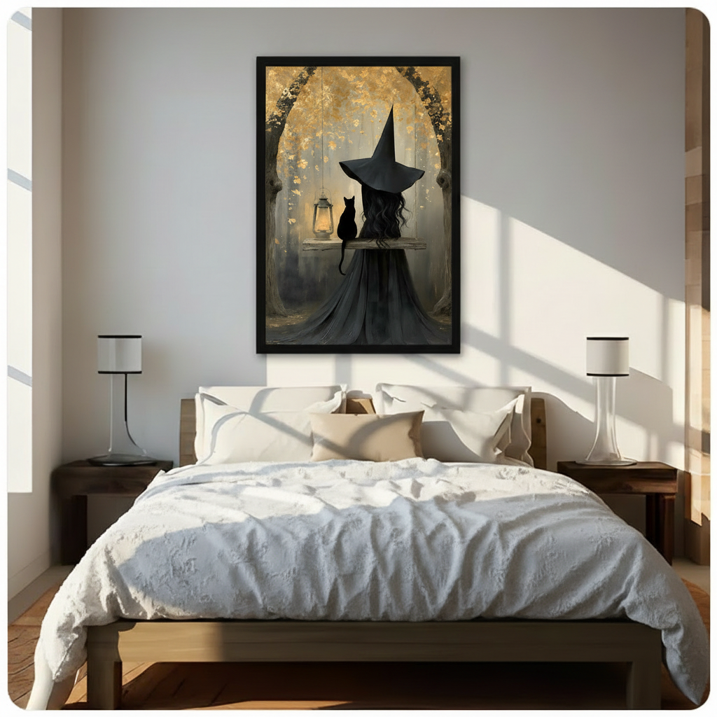 Gothic romantic oil painting of a witch with a tall black hat and flowing dark cloak sitting on a rustic swing beside a black cat with a glowing hanging lantern under a golden autumn tree arch dark academia witch and cat wall art framed print above a modern bedroom with white linen bedding dark wood nightstands and white table lamps