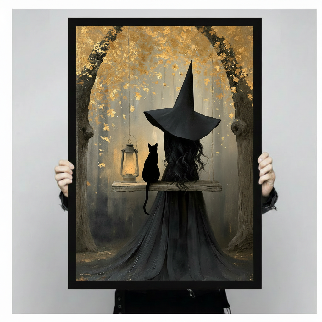 Dark fantasy art print of a mysterious witch in a tall black hat and long dark robe sitting on a swing beside a black cat and glowing vintage oil lantern beneath a golden autumn leaf canopy gothic witch and black cat wall art framed print held up against a light gray background