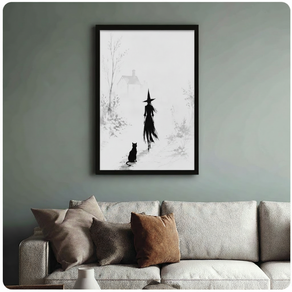 Black framed canvas art of a witch and black cat silhouette on a misty path toward a cottage, hung above a neutral linen sofa on a sage green wall