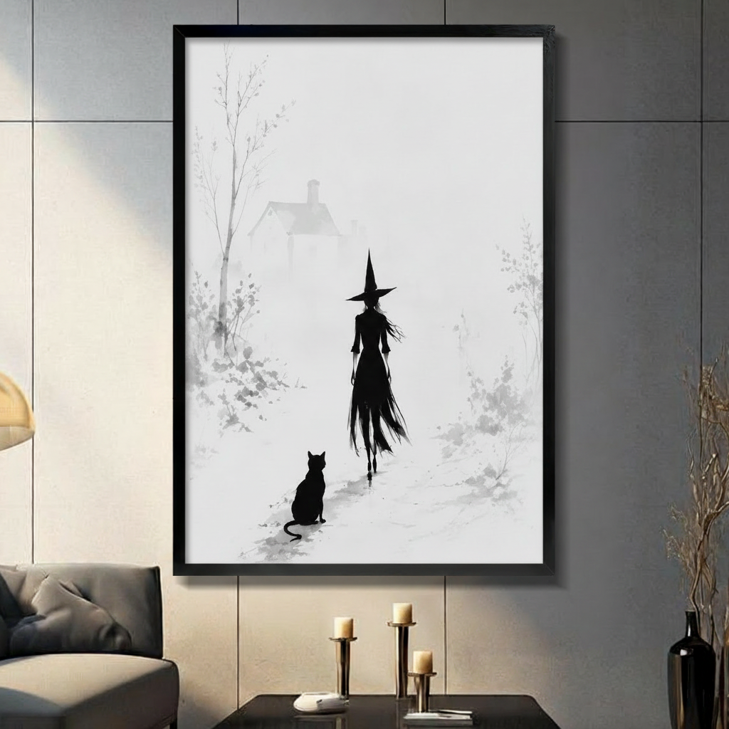 Framed canvas wall art of a witch silhouette walking a misty path with a black cat beside her, displayed in a moody living room with dark grey wall and candles