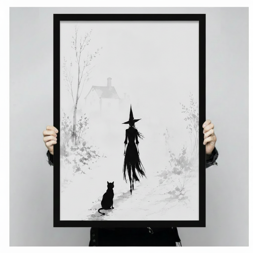 Person holding a black framed canvas print of a witch and black cat in a misty winter landscape, showing actual print size against a neutral background