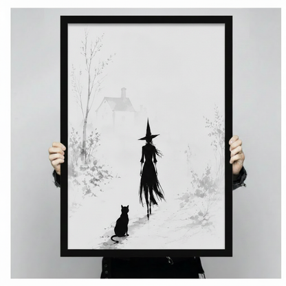 Person holding a black framed canvas print of a witch and black cat in a misty winter landscape, showing actual print size against a neutral background