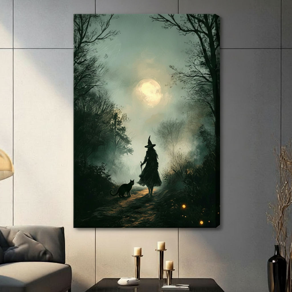 Atmospheric gothic canvas painting of a witch walking away through a dark misty woodland path at night wearing a layered black dress and pointed hat with a black cat at her side and a tall staff in hand a luminous full moon glowing through the dark bare tree canopy above casting pale light through the blue-green forest mist with warm golden firefly sparks dotting the shadowy forest floor moody witchcore romantic dark fantasy art stretched canvas print hanging in a contemporary living room with dark gray til