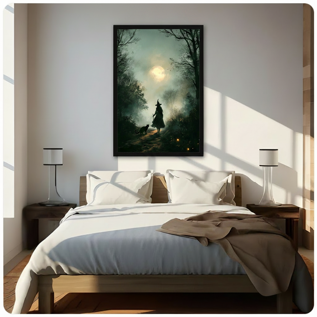 Romantic gothic oil painting of a silhouetted witch in a flowing layered black dress and tall pointed hat strolling a moonlit misty forest path at night with a black cat walking beside her holding a wooden staff while a glowing luminous full moon shines through dark skeletal bare branches above bathing the winding dirt path in pale silver light with warm golden firefly sparks scattered throughout the deep green and blue-green mist gothic witch forest art framed print hanging above a modern bedroom bed with 