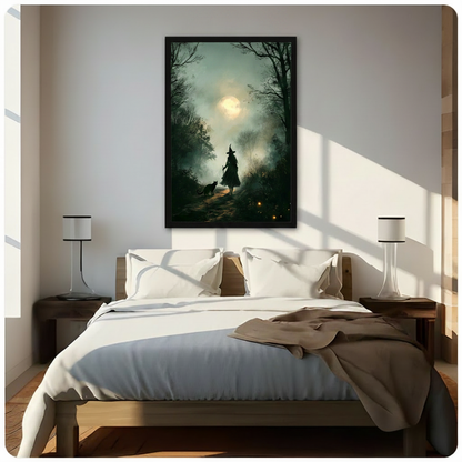 Romantic gothic oil painting of a silhouetted witch in a flowing layered black dress and tall pointed hat strolling a moonlit misty forest path at night with a black cat walking beside her holding a wooden staff while a glowing luminous full moon shines through dark skeletal bare branches above bathing the winding dirt path in pale silver light with warm golden firefly sparks scattered throughout the deep green and blue-green mist gothic witch forest art framed print hanging above a modern bedroom bed with 