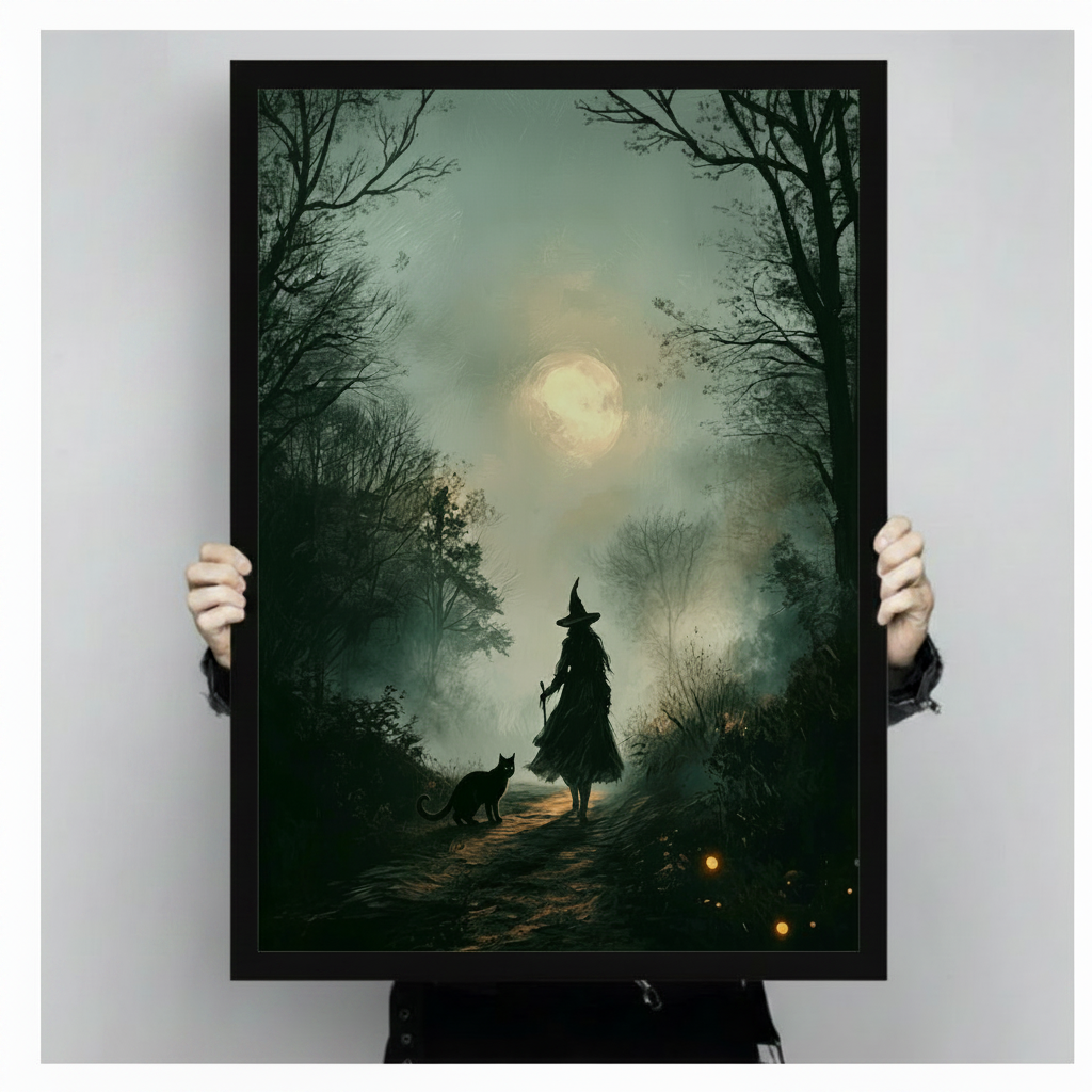 Moody gothic painting art print of a mysterious witch in a long dark dress and pointed hat seen from behind walking through a moonlit misty forest path with a black cat at her side and a staff in hand as a large luminous full moon glows through the dark bare tree canopy casting pale ethereal light through swirling blue-green forest mist scattered golden firefly lights along the forest floor dark cottagecore witchcore fantasy wall art framed print held up for size reference against a light gray neutral backg