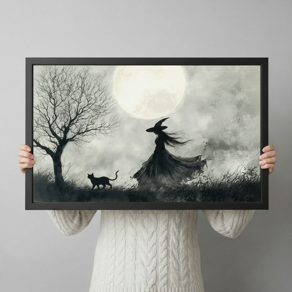 Hand-held close-up of a black-framed gothic watercolor art print featuring a witch in a billowing dark cloak and hat walking with a black cat beneath a large luminous full moon