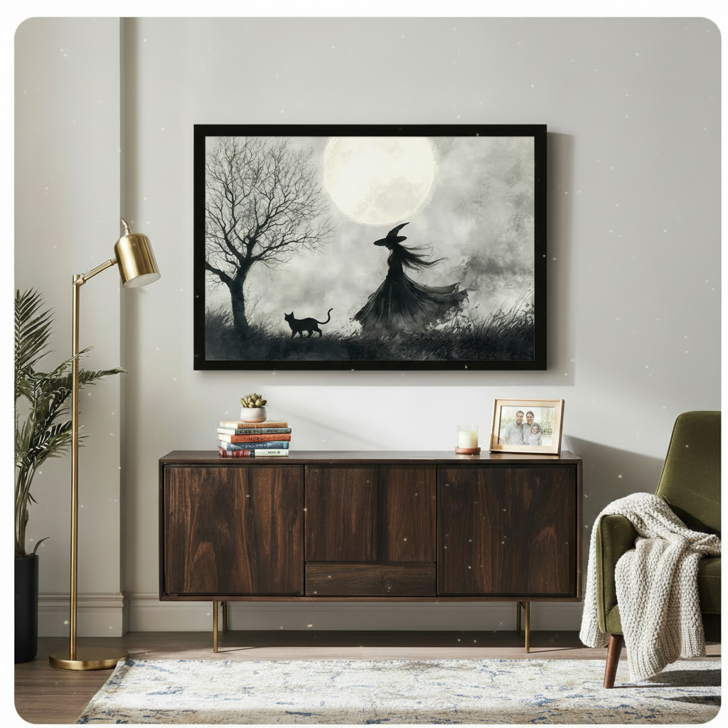 Black-framed gothic witch silhouette wall art print hung above a mid-century walnut sideboard in a light-filled living room, depicting a witch and black cat in a misty moonlit field with a bare winter tree