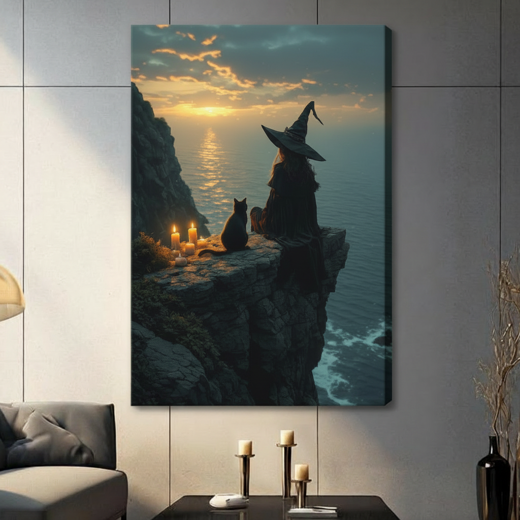 Gallery wrapped canvas art featuring a witch in a pointed hat with her black cat on a rocky cliff overlooking the ocean at dusk