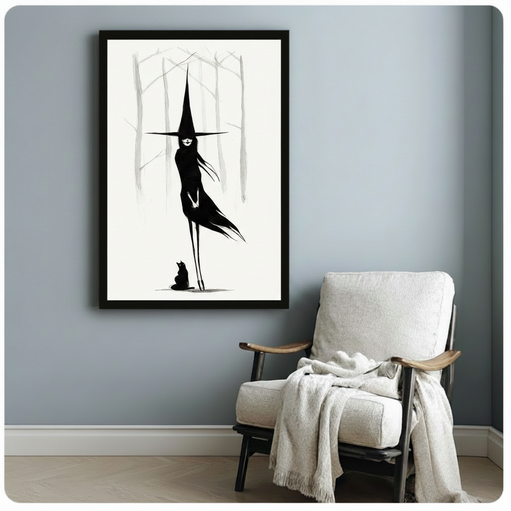 Framed witch and black cat minimalist poster on light blue-grey wall beside a white linen armchair