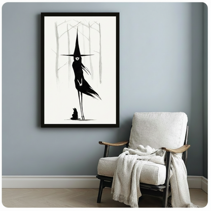 Framed witch and black cat minimalist poster on light blue-grey wall beside a white linen armchair