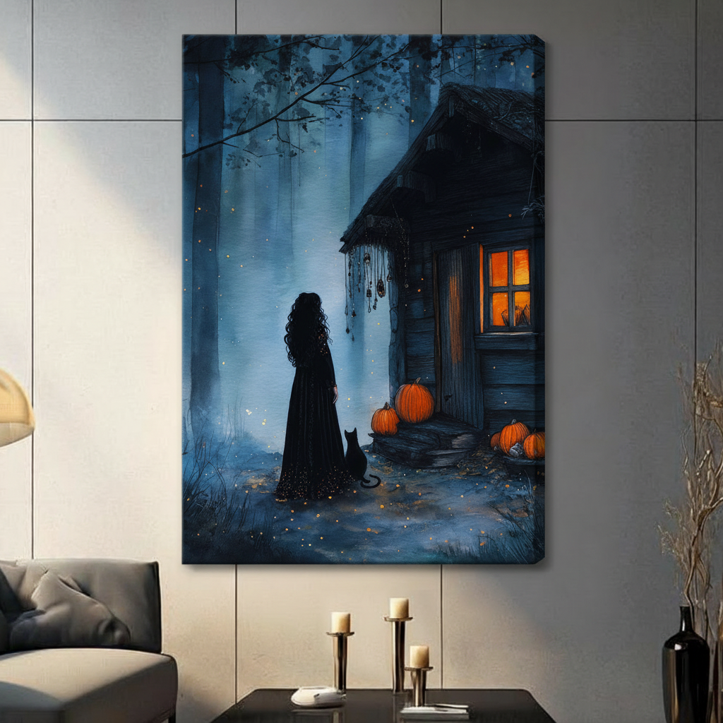 Gallery wrap canvas of a dark witch silhouette with long curly hair and a black cat beside a rustic forest cabin with amber-glowing windows and orange pumpkins, deep blue atmospheric painting style