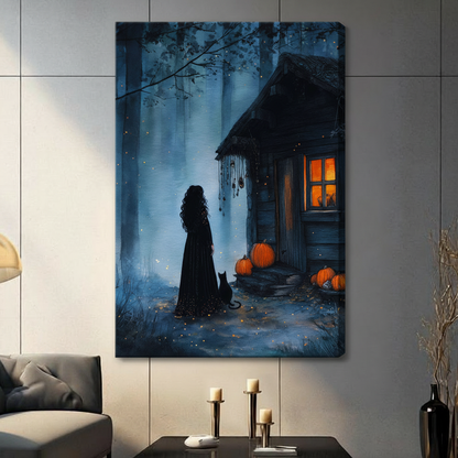 Gallery wrap canvas of a dark witch silhouette with long curly hair and a black cat beside a rustic forest cabin with amber-glowing windows and orange pumpkins, deep blue atmospheric painting style