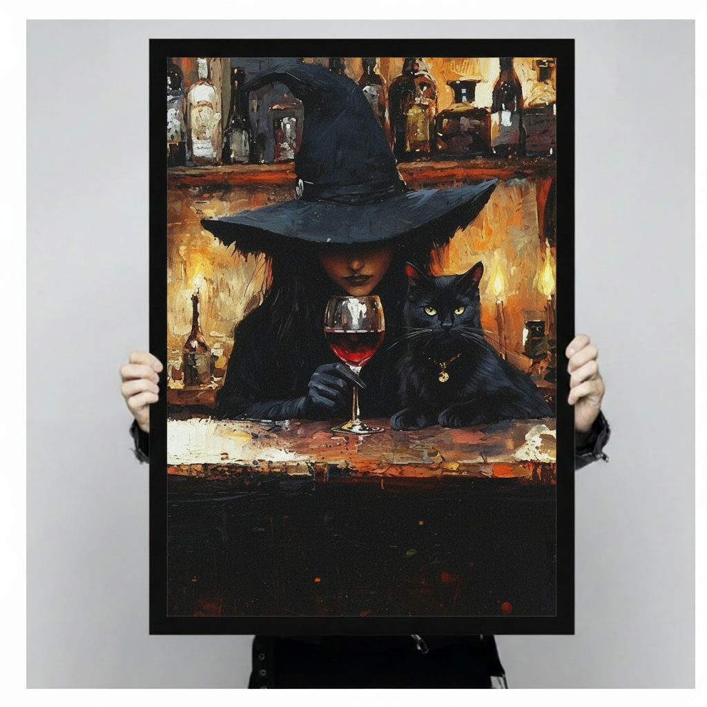 Halloween wall art print of a mysterious witch in a black hat with glowing green-eyed black cat and red wine, shown as a flat unframed poster