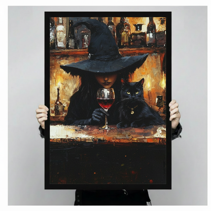 Halloween wall art print of a mysterious witch in a black hat with glowing green-eyed black cat and red wine, shown as a flat unframed poster