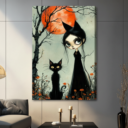 Witch and black cat gallery-wrapped stretched canvas print on gray tile wall — frameless gothic art with visible side depth