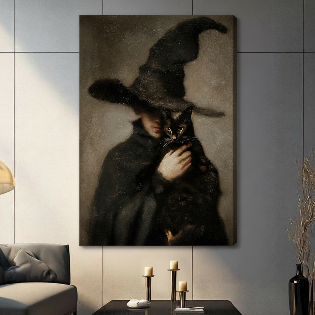Mysterious witch with black cat stretched canvas print in an eclectic dark maximalist living room interior
