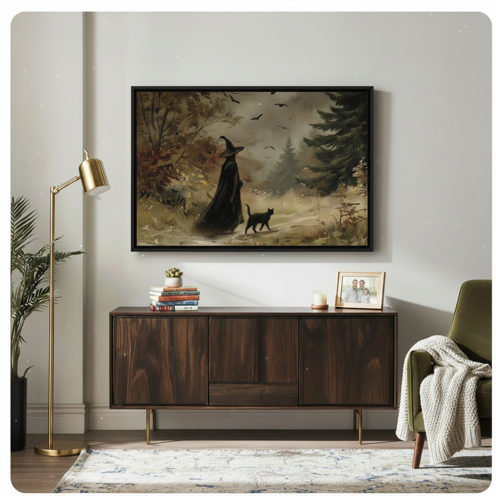 Vintage-style framed wall art depicting a cloaked witch and black cat in an earthy autumnal forest, displayed above a walnut sideboard in a warm eclectic living room