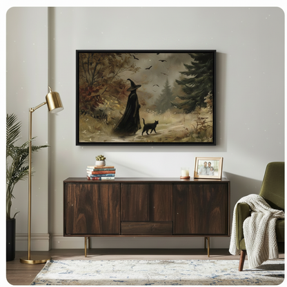 Vintage-style framed wall art depicting a cloaked witch and black cat in an earthy autumnal forest, displayed above a walnut sideboard in a warm eclectic living room