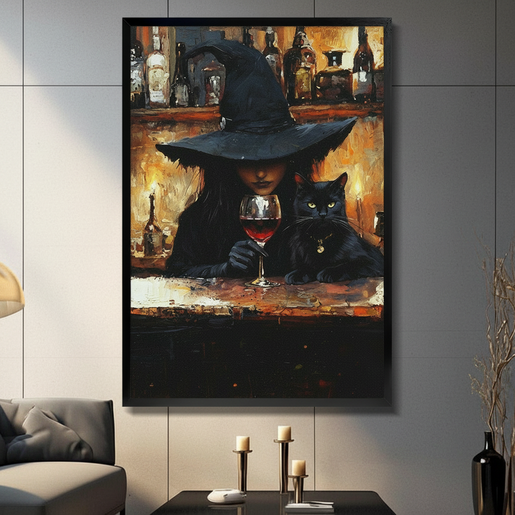 Framed canvas wall art of a mysterious witch in a wide-brim hat sipping red wine beside a black cat at a candlelit bar, displayed in a moody living room