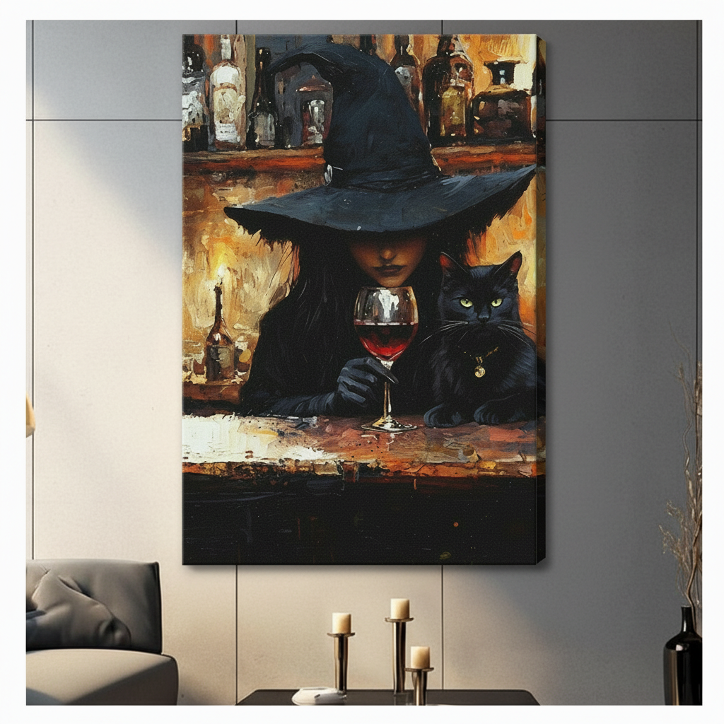 Gallery-wrapped canvas print featuring a gothic witch with a black cat and red wine glass at a dimly lit bar, hung on a neutral living room wall