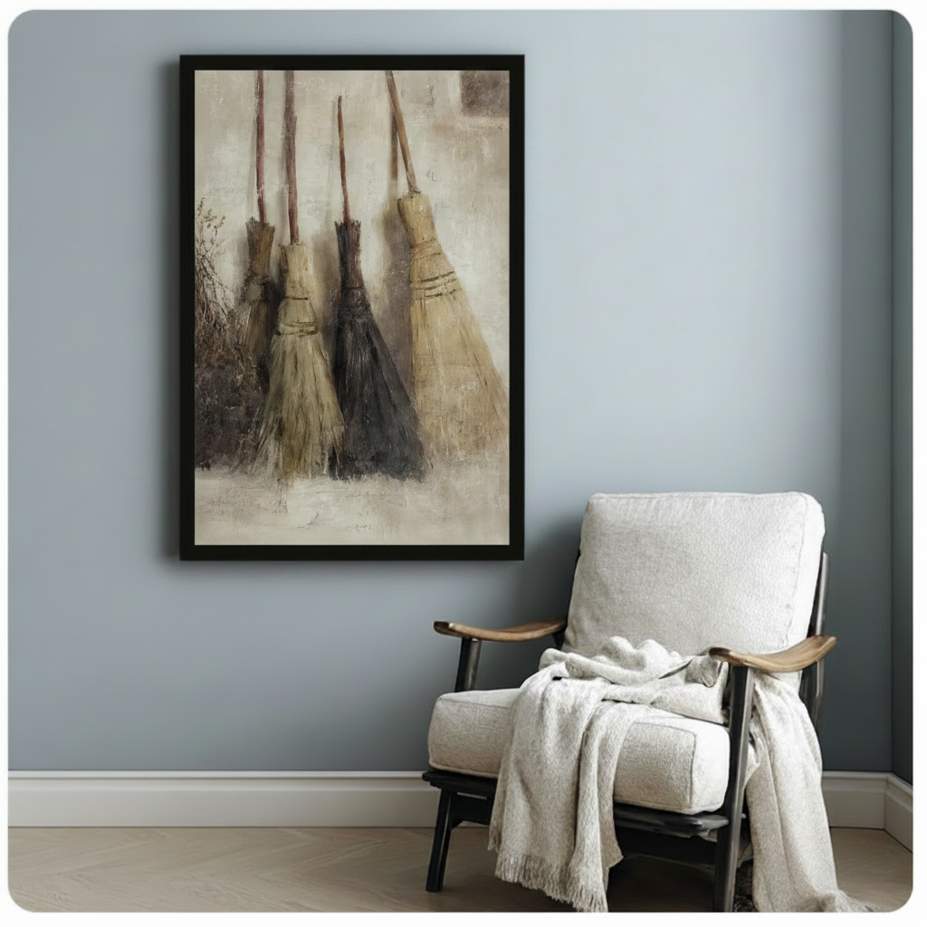 Bundle of four weathered witch brooms in muted beige and brown tones, dark academia black framed art print beside white linen armchair in cozy reading nook