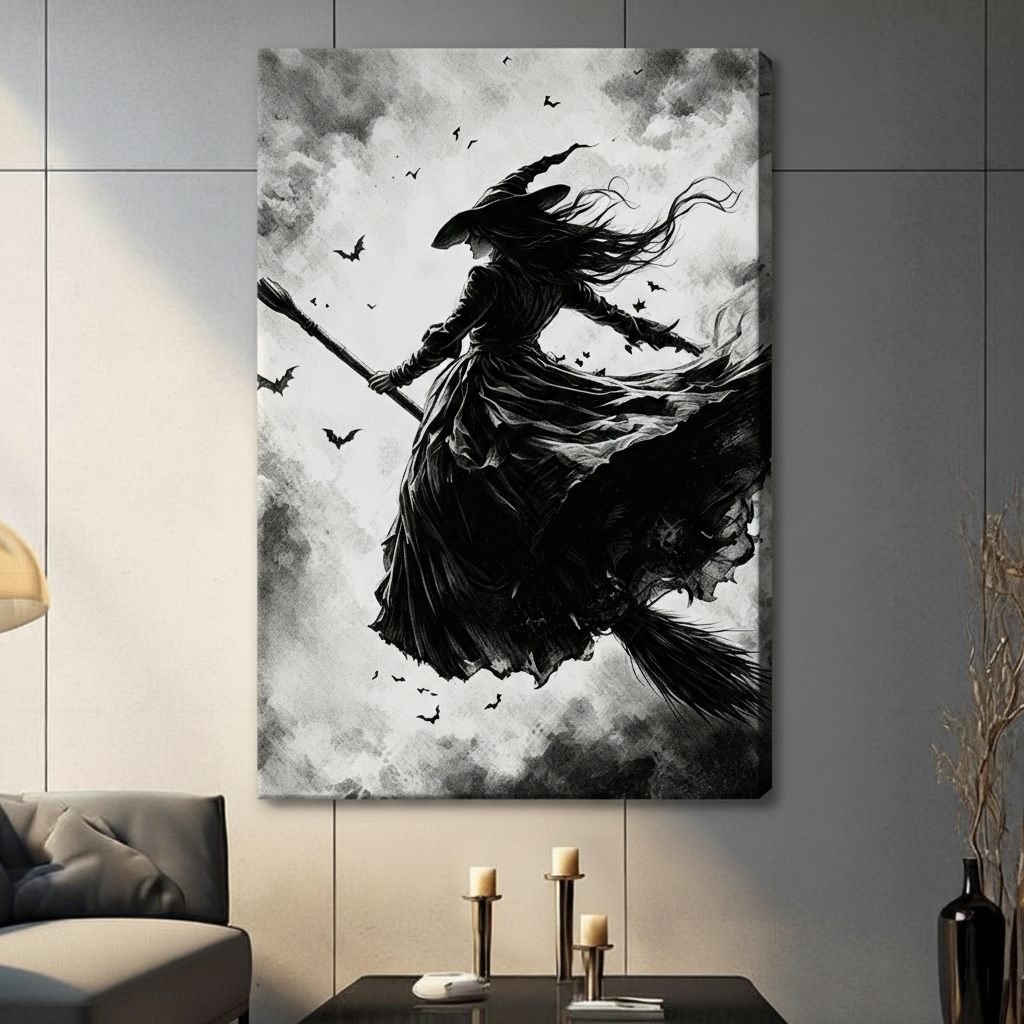 Dark gothic ink wash and watercolor illustration of a witch in dramatic low-angle silhouette riding a broomstick through a stormy sky her long black dress billowing wildly her pointed hat angled into the wind and her hair flowing back amid a swarm of bat silhouettes against heavy rolling dark clouds with strong white negative space bold witch wall art stretched canvas in a living room with dark gray panel wall dark sofa and black vase