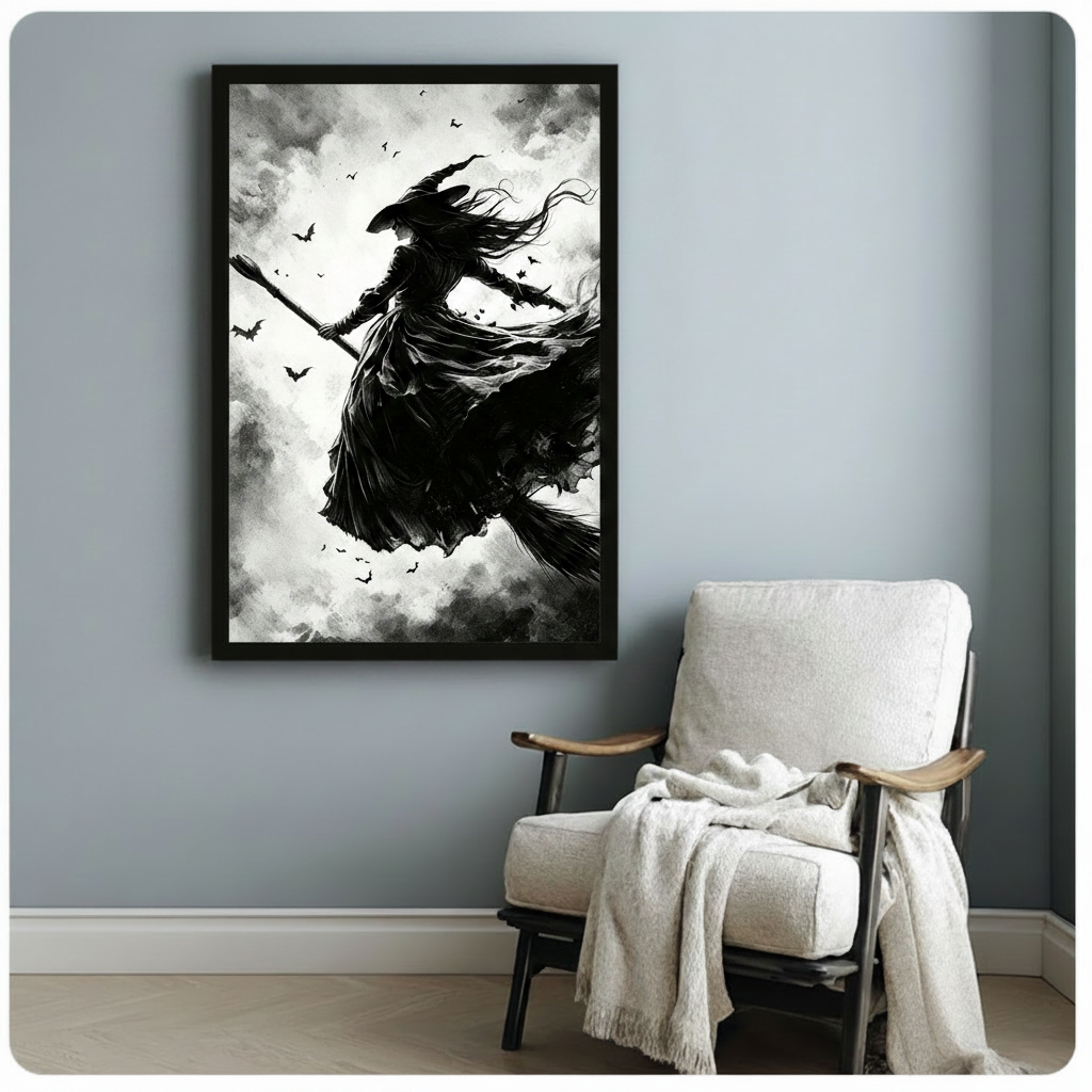 Dark gothic ink wash and watercolor illustration of a silhouetted witch flying on a broomstick in a powerful low-angle dynamic pose her tattered black dress surging in the wind beside a pointed hat and long flowing hair with bats scattering around her against swirling dark storm clouds and bright white negative space moody witch wall art framed print beside a white linen armchair on a blue gray wall