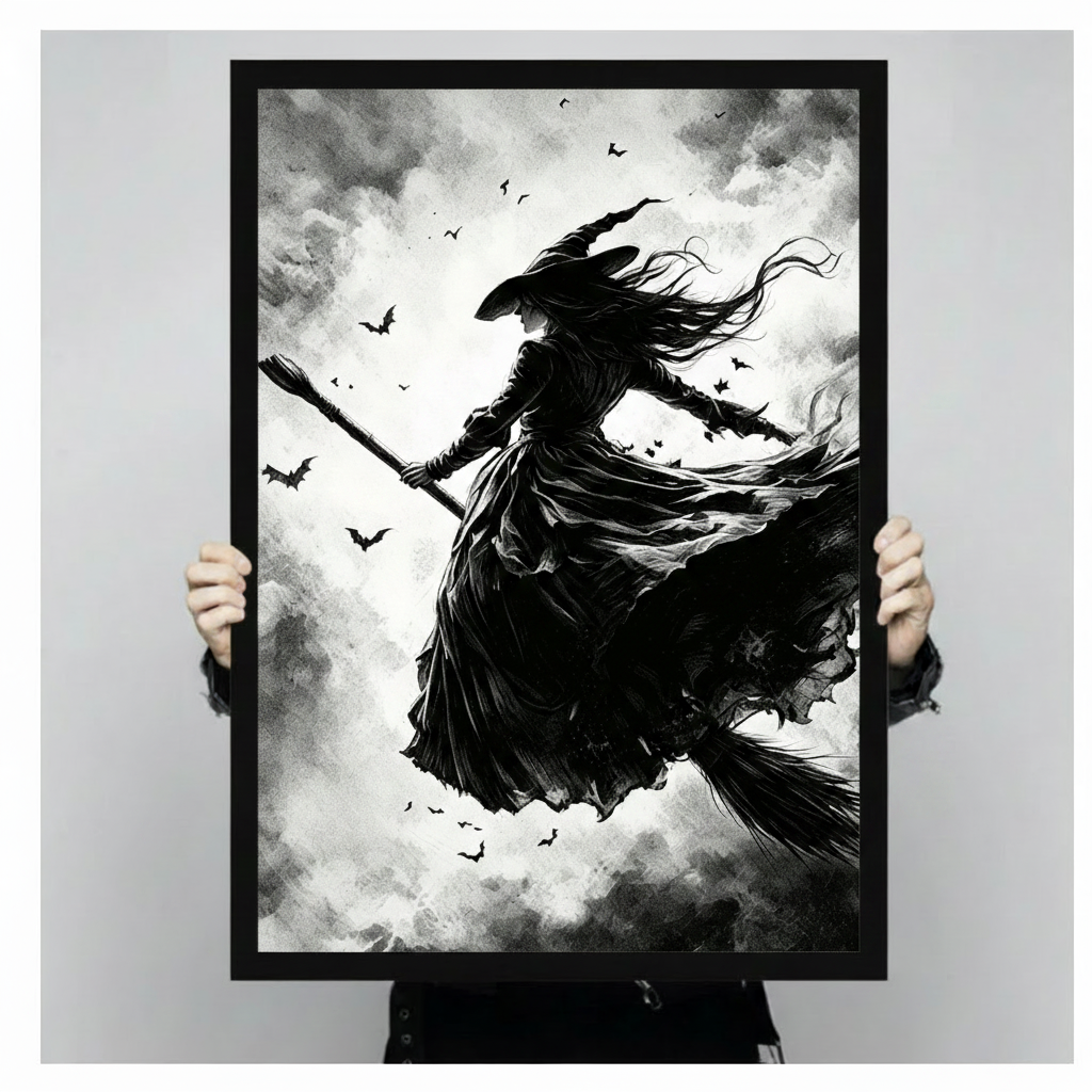 Dark gothic ink wash and watercolor illustration of a witch in full silhouette riding a broomstick at a dramatic low-angle view her long black dress billowing in the wind her pointed hat tilted forward and her long hair streaming behind her surrounded by scattered bat silhouettes against a turbulent stormy cloud background with stark white highlights dramatic witch wall art framed print held against a light gray background