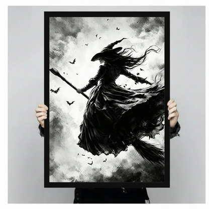 Dark gothic ink wash and watercolor illustration of a witch in full silhouette riding a broomstick at a dramatic low-angle view her long black dress billowing in the wind her pointed hat tilted forward and her long hair streaming behind her surrounded by scattered bat silhouettes against a turbulent stormy cloud background with stark white highlights dramatic witch wall art framed print held against a light gray background