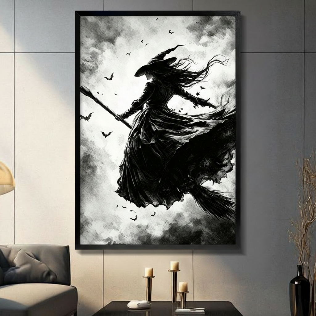 Dark gothic ink wash illustration of a full-silhouette witch soaring on a broomstick at a steep upward angle her windswept black gown and long hair trailing dramatically behind her pointed hat with scattered bats in flight against brooding storm clouds and sharp white contrast moody gothic witch wall art framed print in a living room with dark gray panel wall dark sofa and black vase