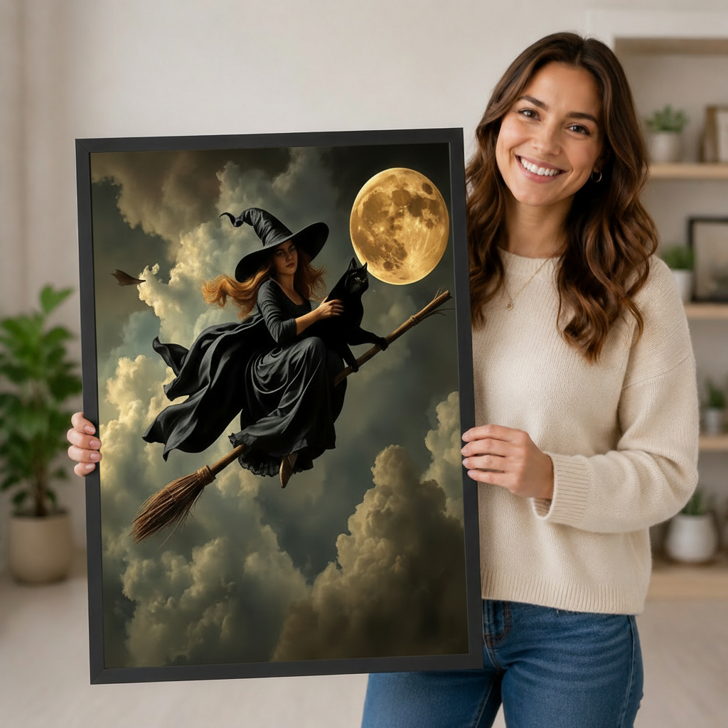 Smiling woman holding a large black-framed canvas print of a witch flying on a broomstick under a full moon with a black cat, showing print size, frame quality, and dark gothic oil painting detail up close
