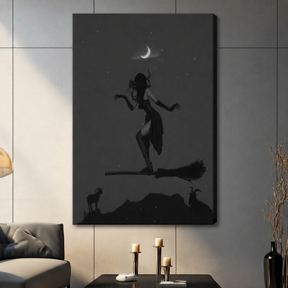 Frameless canvas wrap of witch flying on broomstick under crescent moon, dark gothic wall art displayed on grey living room wall