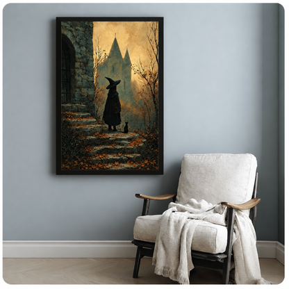 Witch castle canvas wall art above a white armchair, featuring a witch and black cat on a moonlit stone path