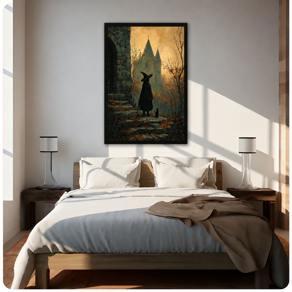 Witch castle canvas wall art above a bed, showing a black-cloaked witch and cat facing a misty castle landscape