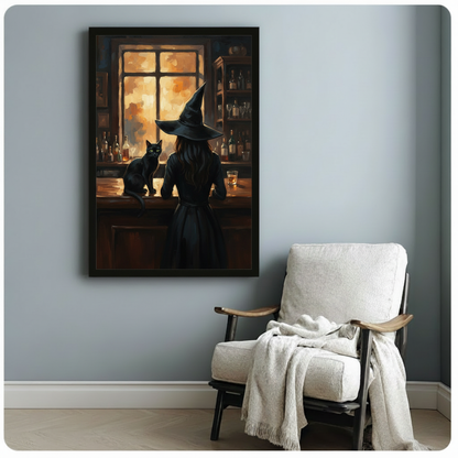  Witch cat bar canvas wall art above a white armchair, depicting a mysterious witch and black cat in a cozy bar