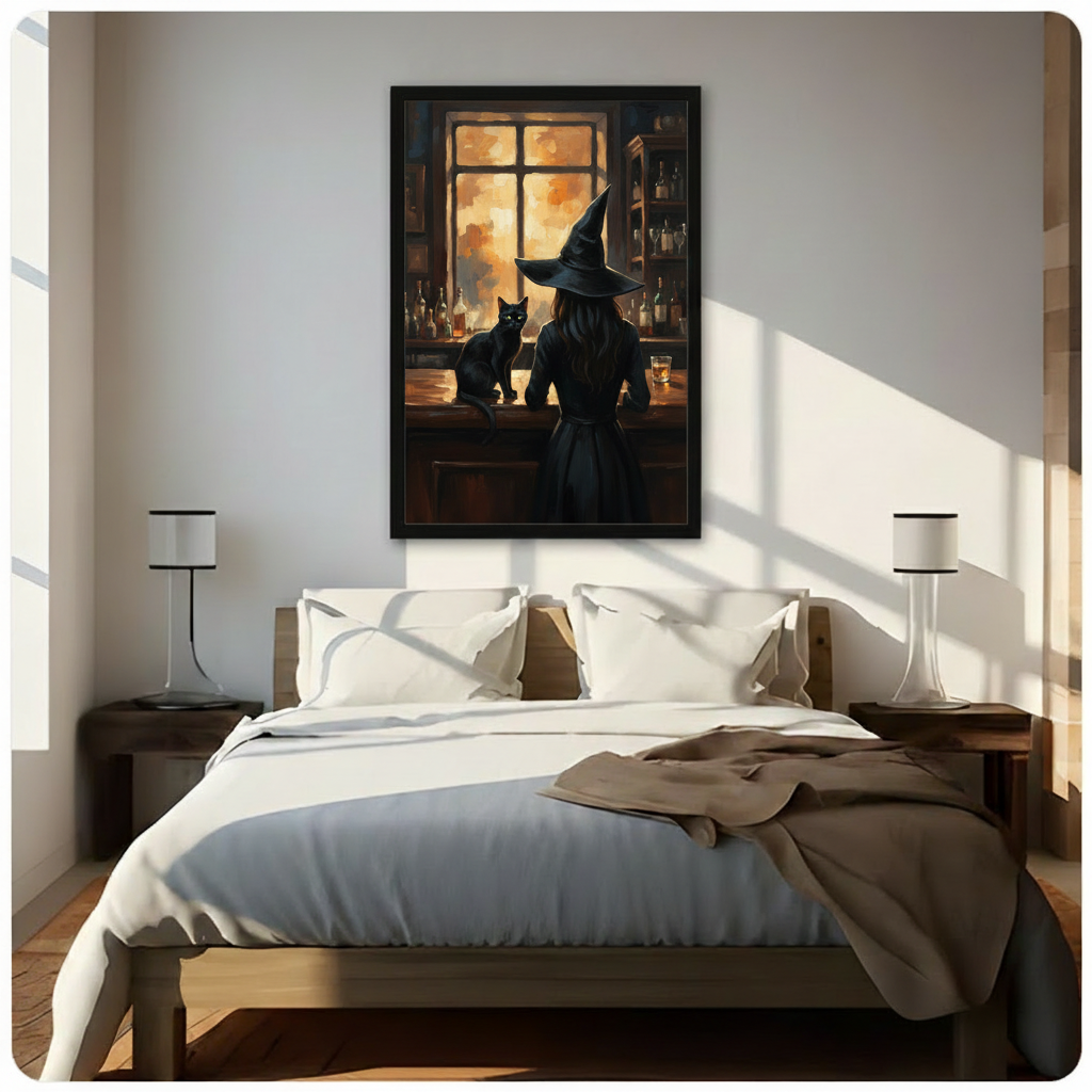 Witch cat bar canvas wall art above a bed, showing a shadowy witch and black cat in warm amber lighting