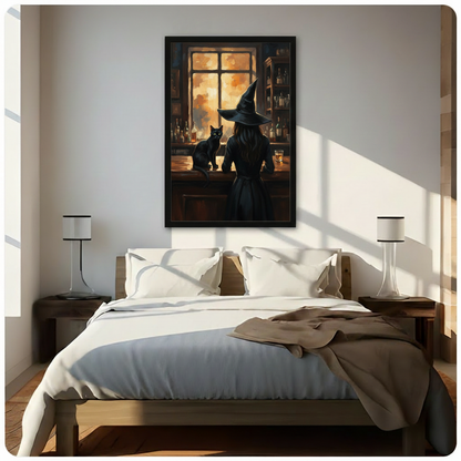 Witch cat bar canvas wall art above a bed, showing a shadowy witch and black cat in warm amber lighting