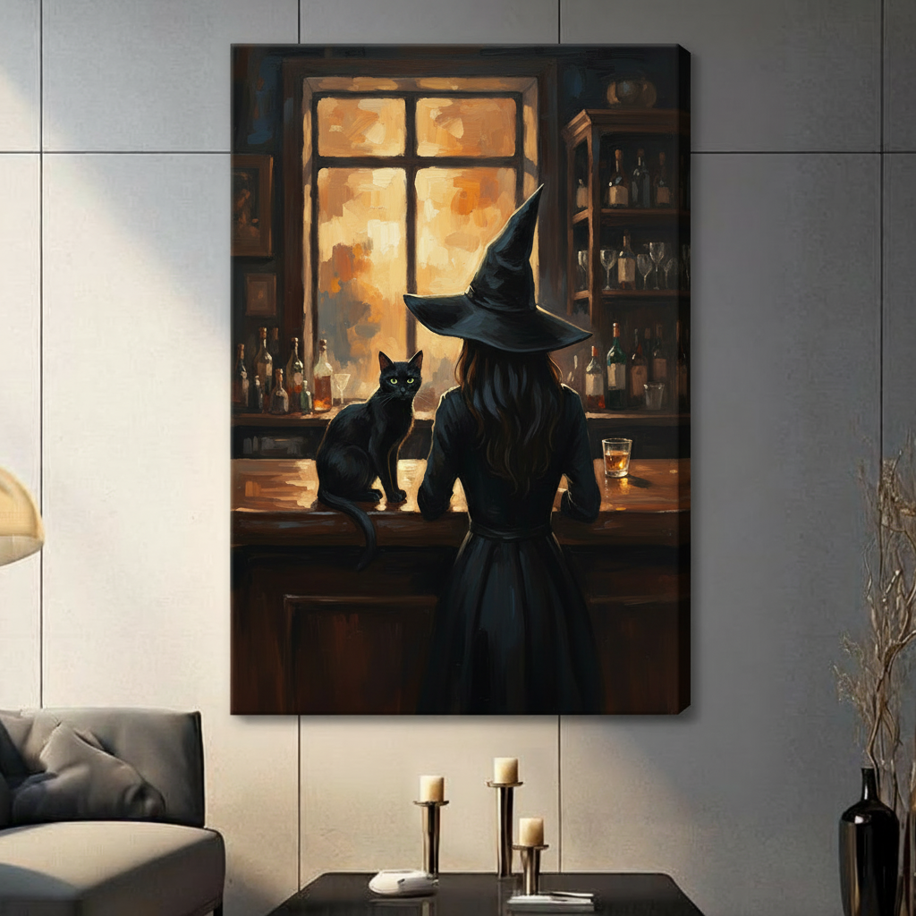 Witch cat bar canvas wall art close-up featuring a pointed-hat witch and black cat beside a glowing bar counter
