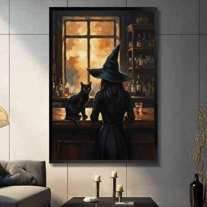 Witch cat bar canvas wall art showing a back-facing witch and black cat in a warm vintage bar scene
