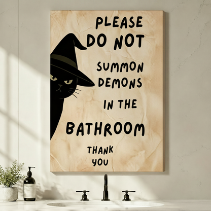 Gallery wrap stretched canvas of a grumpy black cat in a tall pointed witch hat peering from the left side with large bold black hand-lettered text Please Do Not Summon Demons in the Bathroom Thank You on a warm crinkled parchment background funny witch cat humor illustration hung frameless above a white bathroom sink with matte black faucet and soap dispenser beside a small green plant on a light gray wall
