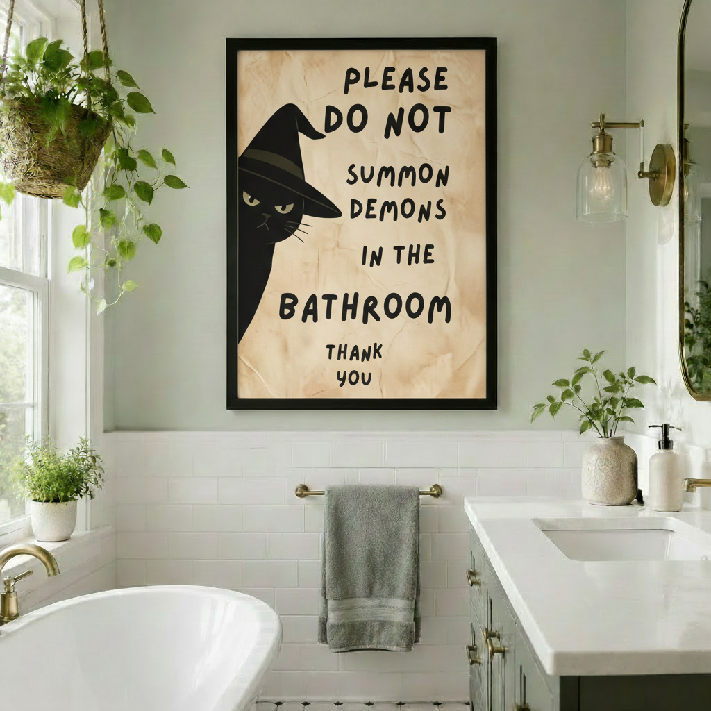 Black framed charming whimsical canvas print of a suspicious black cat wearing a wide pointed witch hat peeking from the lower left with large bold black handwritten text Please Do Not Summon Demons in the Bathroom Thank You on a vintage crinkled parchment background funny black cat witch humor bathroom wall art hung on a white subway tile wall above a classic white soaking tub with gold cross-handle faucet flanked by hanging trailing plants and a gold swing-arm wall light
