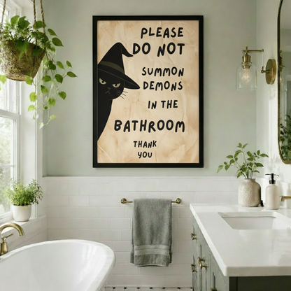 Black framed charming whimsical canvas print of a suspicious black cat wearing a wide pointed witch hat peeking from the lower left with large bold black handwritten text Please Do Not Summon Demons in the Bathroom Thank You on a vintage crinkled parchment background funny black cat witch humor bathroom wall art hung on a white subway tile wall above a classic white soaking tub with gold cross-handle faucet flanked by hanging trailing plants and a gold swing-arm wall light