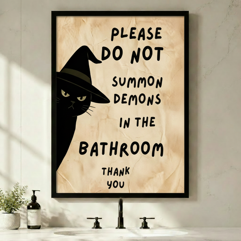 Black framed whimsical bathroom humor canvas print featuring a sneaky black cat wearing a wide-brim witch hat peeking from the left edge with bold black handwritten typography reading Please Do Not Summon Demons in the Bathroom Thank You on a crinkled aged parchment background funny black cat witch wall art displayed above a white freestanding bathtub with gold faucet in a bright white subway tile bathroom with hanging potted plants gold wall sconce and round gold mirror