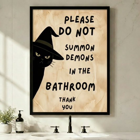 Black framed whimsical bathroom humor canvas print featuring a sneaky black cat wearing a wide-brim witch hat peeking from the left edge with bold black handwritten typography reading Please Do Not Summon Demons in the Bathroom Thank You on a crinkled aged parchment background funny black cat witch wall art displayed above a white freestanding bathtub with gold faucet in a bright white subway tile bathroom with hanging potted plants gold wall sconce and round gold mirror