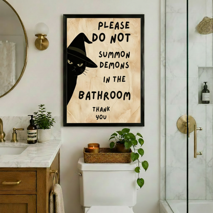 Black framed funny gothic humor canvas wall art of a glaring black cat with a wide-brim witch hat peeking from the left with bold black handwritten text Please Do Not Summon Demons in the Bathroom Thank You on a crumpled aged parchment background hung above a white toilet with a wicker tray holding a lit candle and trailing green plant in a warm luxury bathroom with white marble countertop wood vanity gold fixtures round mirror and glass shower enclosure